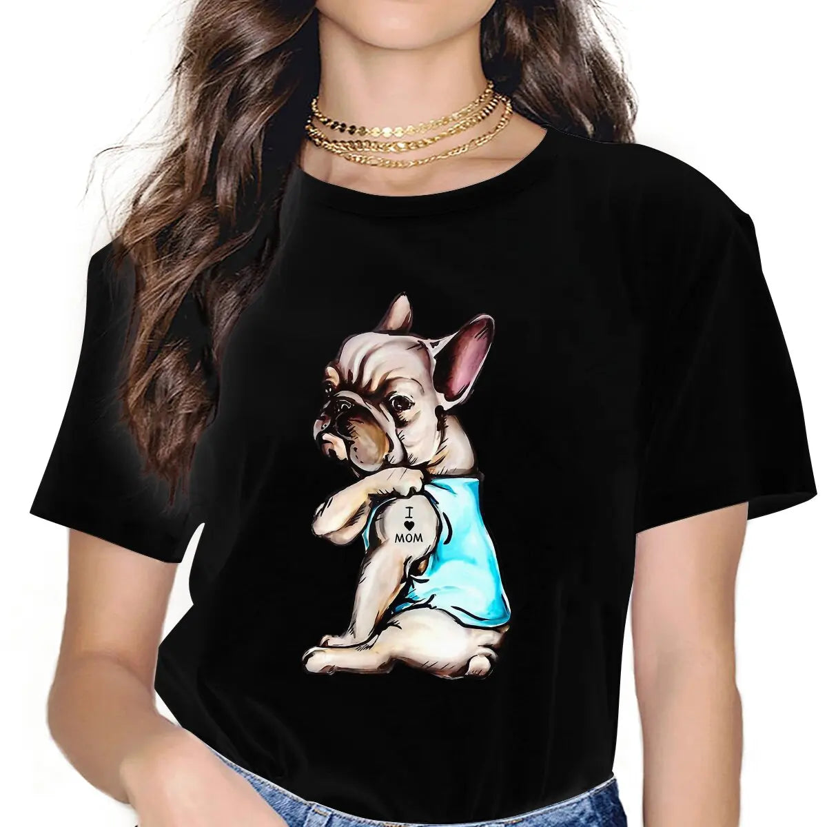 French Bulldog I Love Mom Tattoo T-Shirt for Women