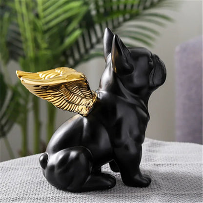 French Bulldog Golden Wing Black Ceramic Sculpture