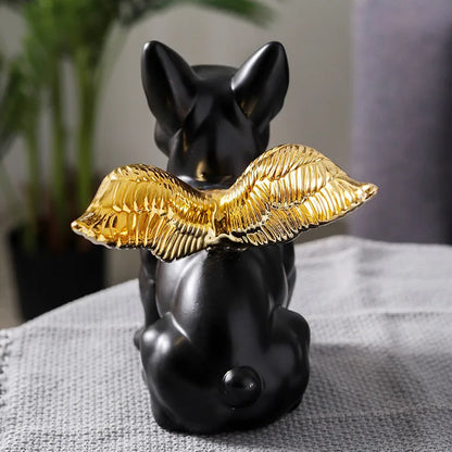 French Bulldog Golden Wing Black Ceramic Sculpture