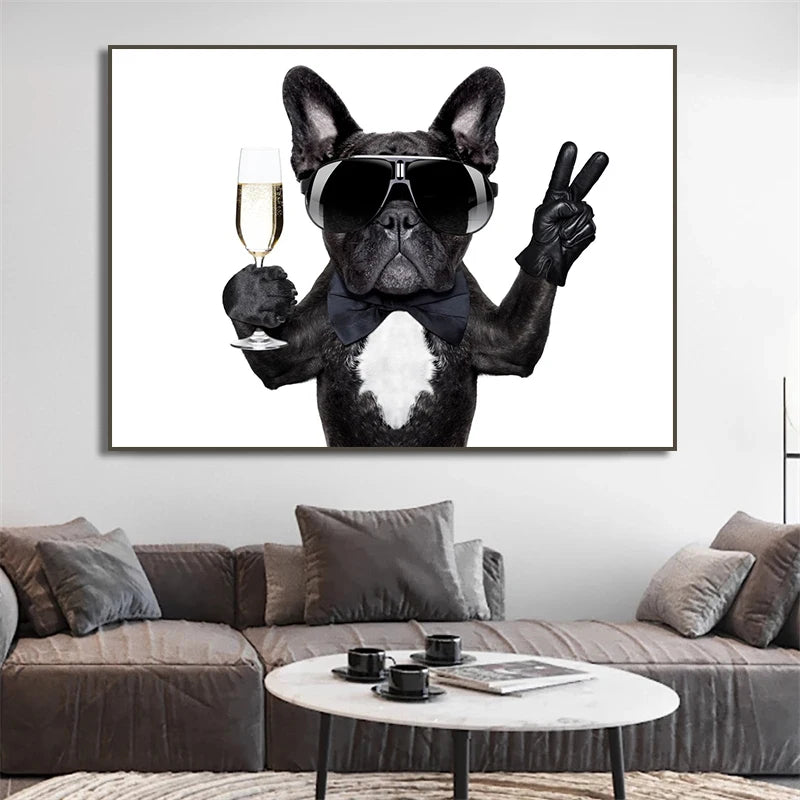 French Bulldog Drinking Champagne Canvas Picture