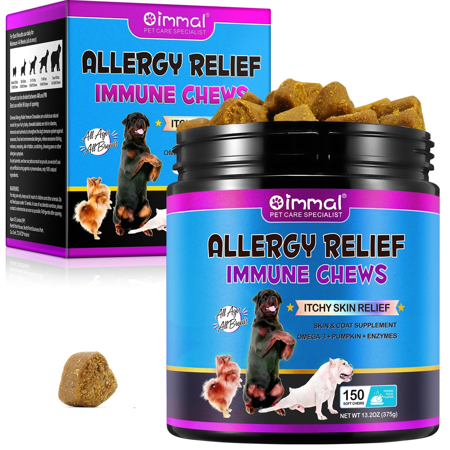 Dog Allergy Relief Duck Flavour Chews dog treats Anti Itch Skin & Coat Supplement Omega 3 Fish Oil Itchy Skin Relief Treatment Pills