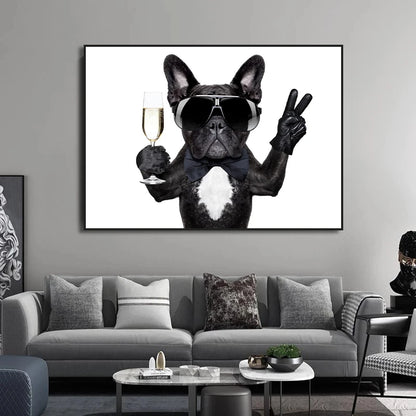 French Bulldog Drinking Champagne Canvas Picture