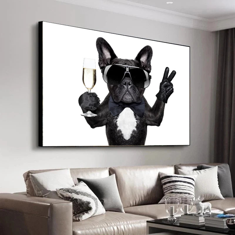 French Bulldog Drinking Champagne Canvas Picture