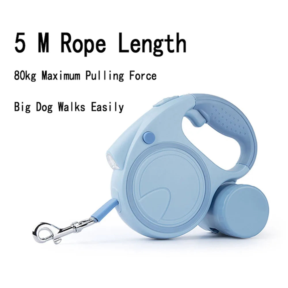 Dog Leash With Led Lights and poo Bag Retractable Nylon 5M Rope