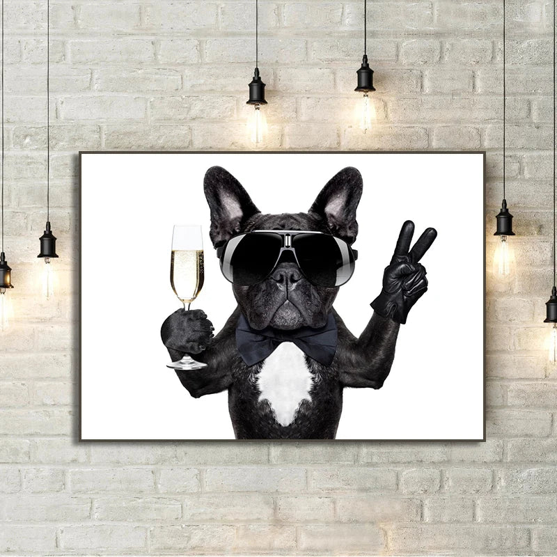 French Bulldog Drinking Champagne Canvas Picture