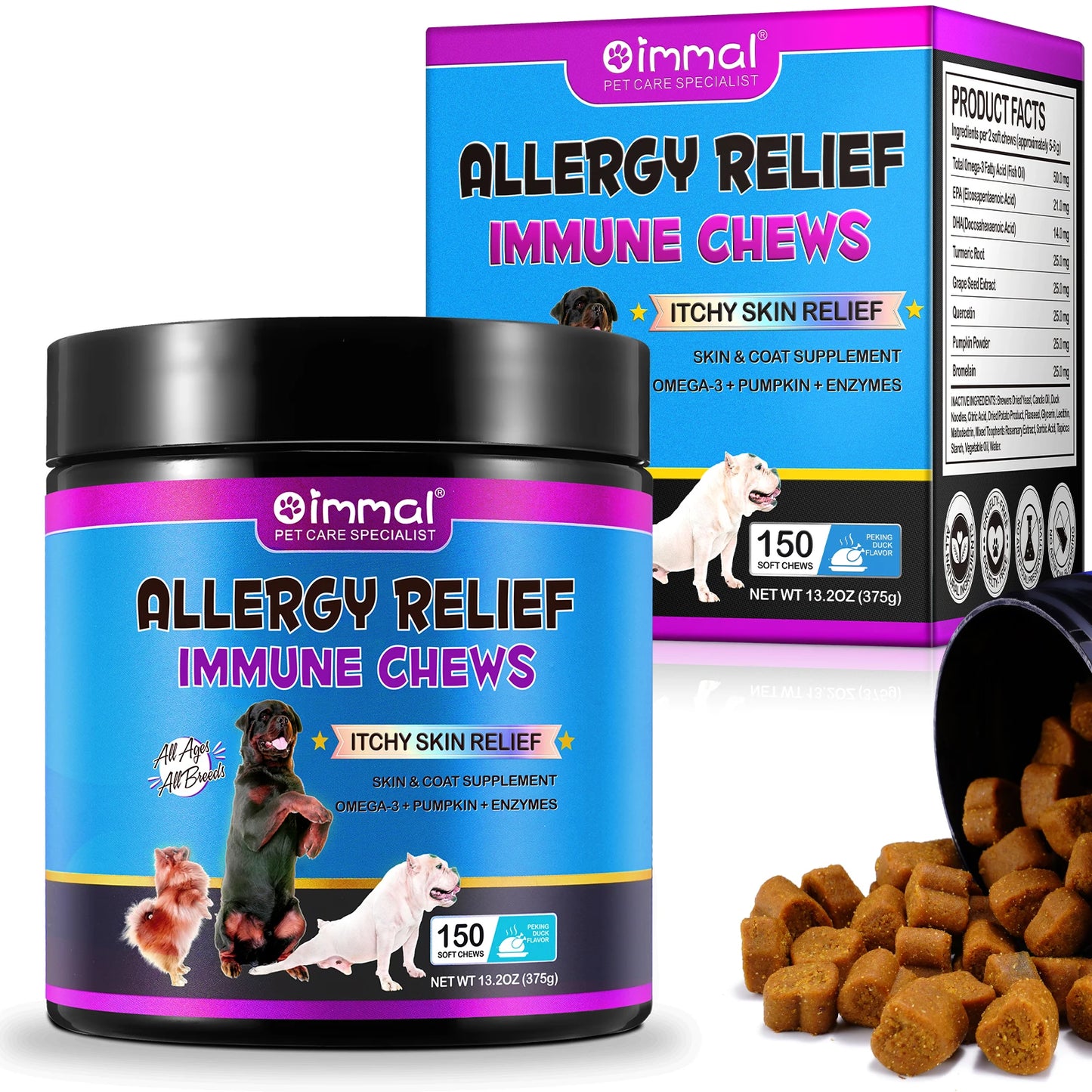 Dog Allergy Relief Duck Flavour Chews dog treats Anti Itch Skin & Coat Supplement Omega 3 Fish Oil Itchy Skin Relief Treatment Pills