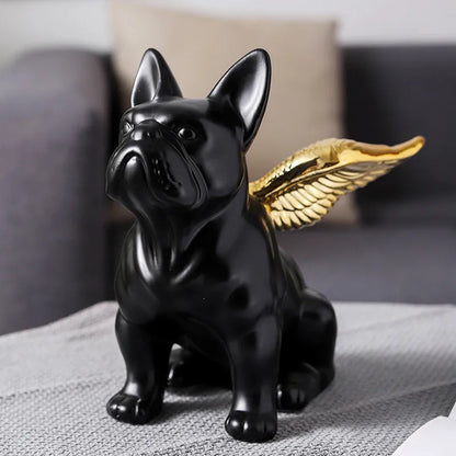 French Bulldog Golden Wing Black Ceramic Sculpture