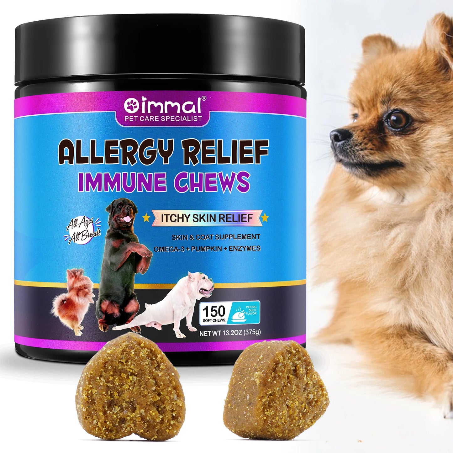 Dog Allergy Relief Duck Flavour Chews dog treats Anti Itch Skin & Coat Supplement Omega 3 Fish Oil Itchy Skin Relief Treatment Pills