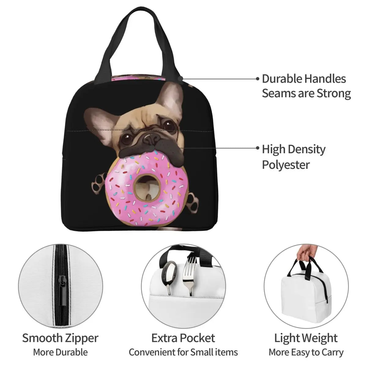 French Bulldog Lovers Sweet Pink Donuts Insulated Lunch Bag